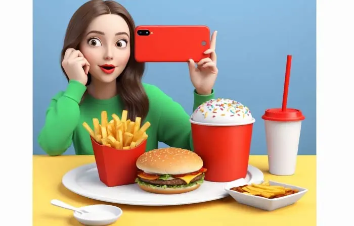 Girl Taking Picture of Meal 3D Graphic Illustration